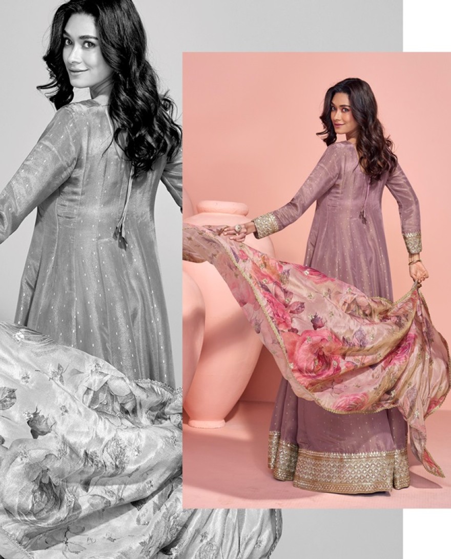 2025 - DULL MAUVE DESIGNER EMBROIDERED PURE JACQUARD SILK ANARKALI SUIT